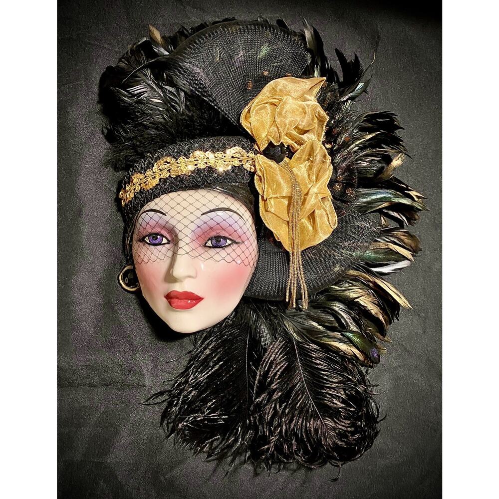 Clay Art - Art Deco 20’s Woman - Black & Gold Feather, Sequin, Bead - Wall Mask